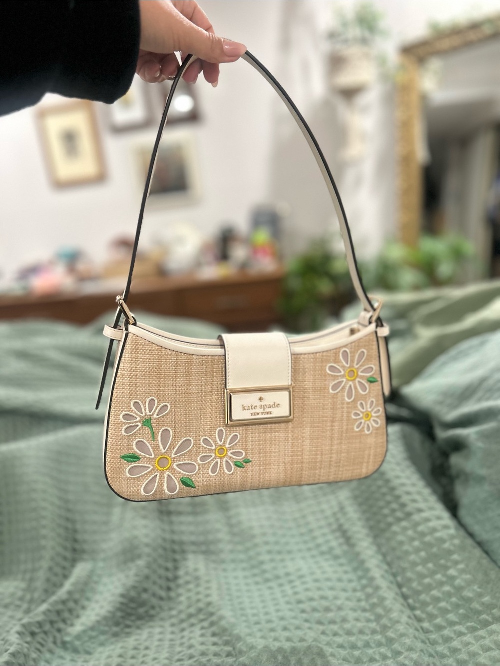 kate spade Beige Straw Shoulder Bag with White Trim and Yellow Daisy Accents